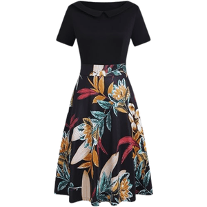 Elegant Vintage Cotton Casual Floral Print Work Party Peter Pan Collar A-Line Dress For Women's