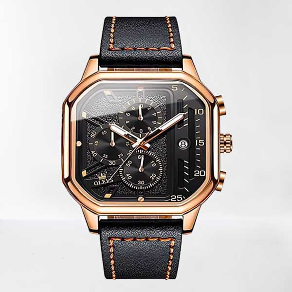 Olevs 9950 Men’s Square Skeleton Pu Leather Quartz Watch For Men