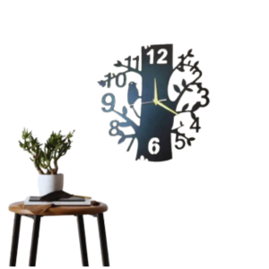 Wall Clock Black Tree Birds Shaped Laser Cut Designer Wooden Wall Clock