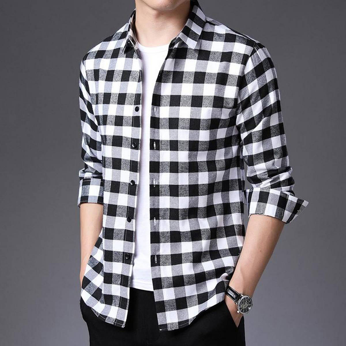 New Long Sleeve Casual Shirt for Men Black and White