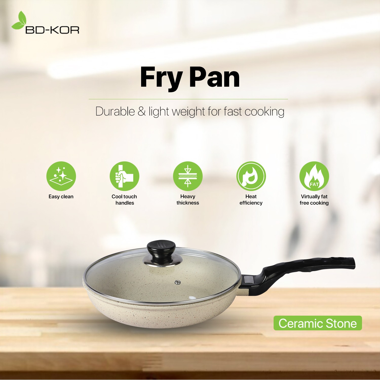 Bd-Kor Fry Pan (26 Cm) Non-Stick Ceramic Marble Coating With Glass Lid