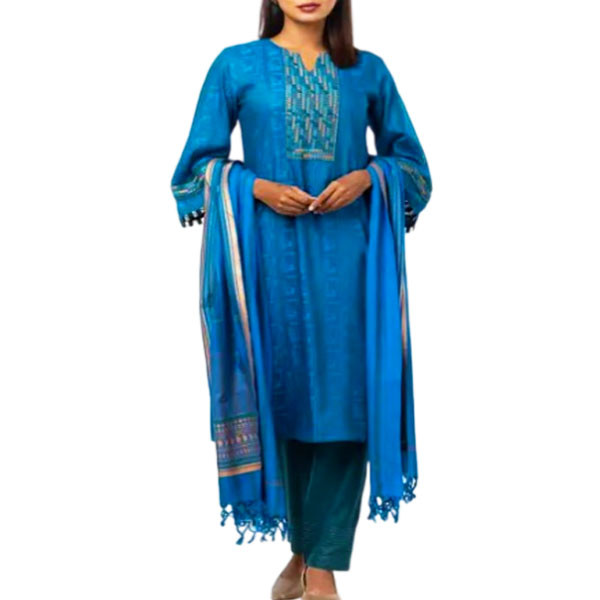 Blue Textured Printed and Embroidered Viscose-Cotton Shalwar Kameez