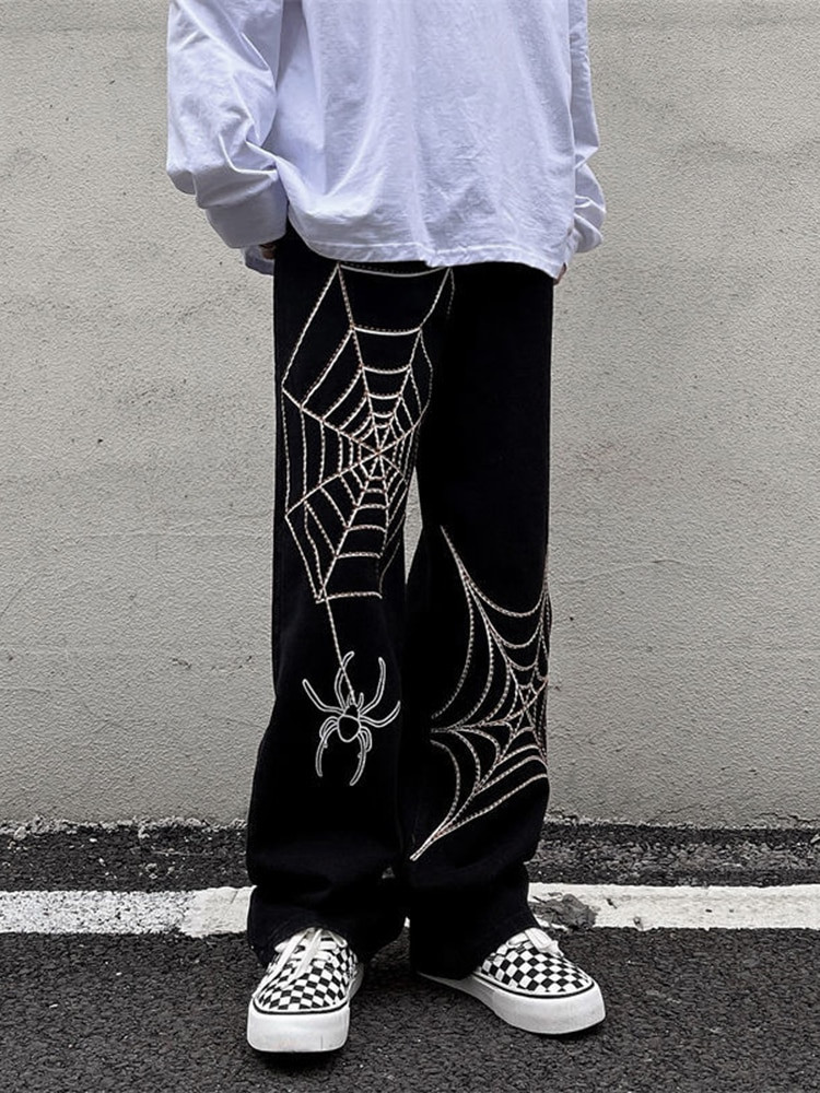 Grunge Punk spider web print Black Women's pants goth Streetwear