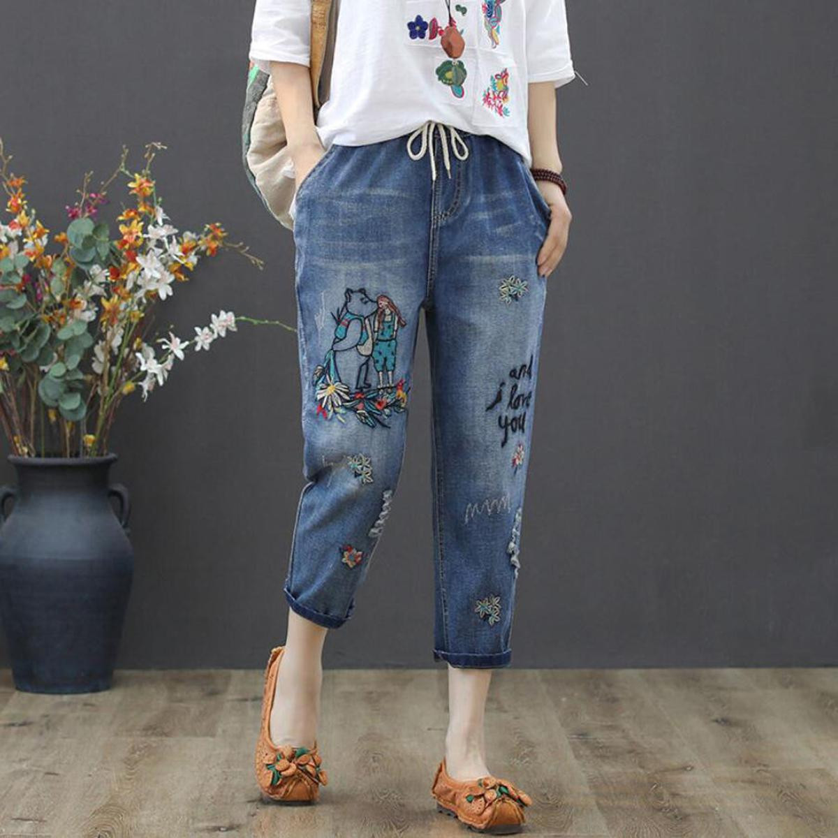 Women's Printed Jeans Atumn Winter Girls Harem Pant Trousers Single  Breasted Pants Denim Female Hight Waist Denim Jean (Color : Blue Jeans,  Size : L.) : : Clothing, Shoes & Accessories