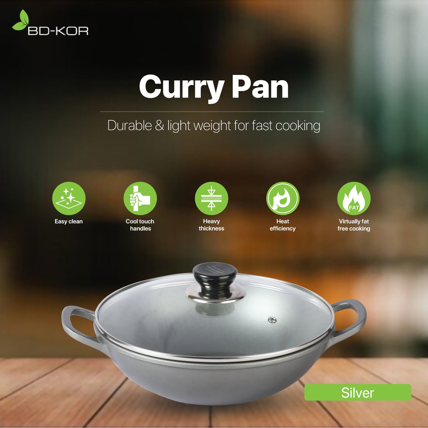 BD-KOR CURRY PAN 26CM Non-Stick Premium Marble Coating with Glass Lid