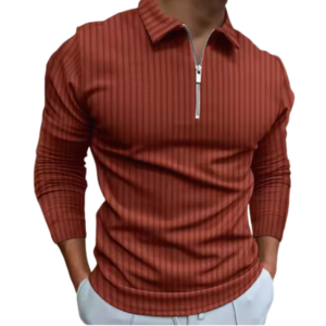 Foreign Trade OEM Solid Color Striped Zipper Long Sleeved Polo Shirt for Men