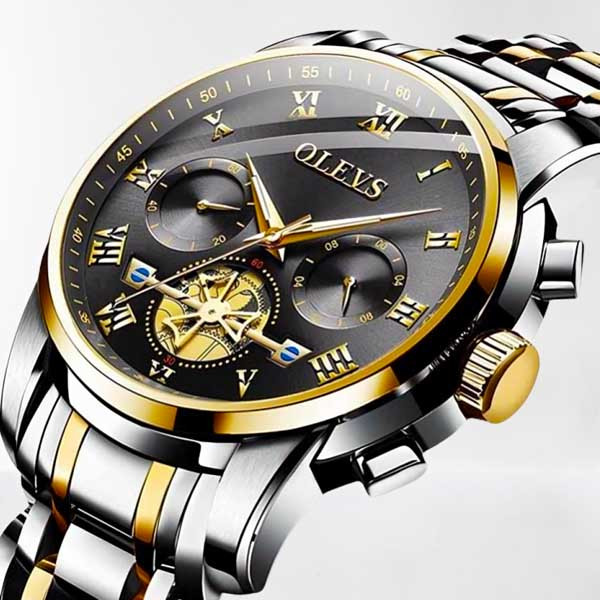 OLEVS 2859 Quartz Wristwatch Fashion Business Stainless Steel Watch Black & Gold For Men