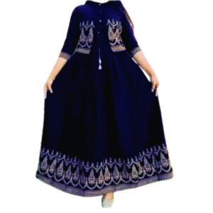 Stitched Grown China Linen | Screen Print Long Gown For Women