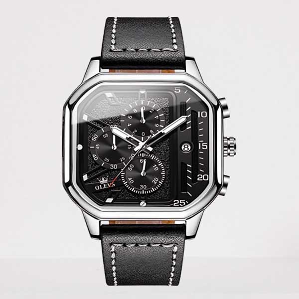 Olevs 9950 Men’s Square Skeleton Pu Leather Quartz Watch