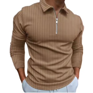 Foreign Trade OEM Solid Color Striped Zipper Long Sleeved Polo Shirt for Men