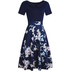 Elegant Vintage Cotton Casual Floral Print Work Party Peter Pan Collar A-Line Dress For Women's