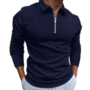 Foreign Trade OEM Solid Color Striped Zipper Long Sleeved Polo Shirt for Men