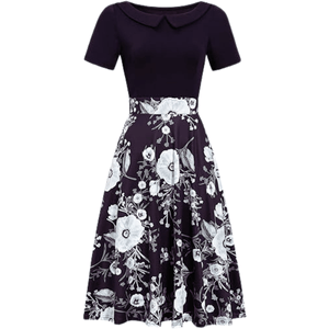Elegant Vintage Cotton Casual Floral Print Work Party Peter Pan Collar A-Line Dress For Women's